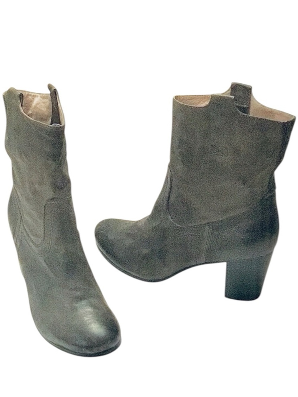 FRYE Carson Distressed Gray Leather Mid Heel Pull-on Short Boots Size: 9 1/2